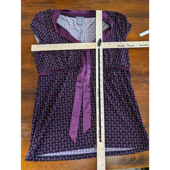 Ann Taylor Factory Women’s Black Purple Short Sleeve with Bow Tie Blouse Women's - Picture 5 of 5
